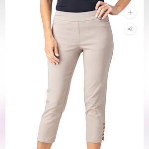 Slim-sation 10 Tan Stretch Slimming Crop Pants with Pockets Hem Strap Vents